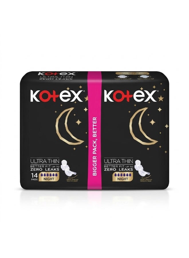 Ultra Thin Night Sanitary Pads with Wings, Up to Zero Leaks with Widest Back Design, Bigger Pack - 14 Pads