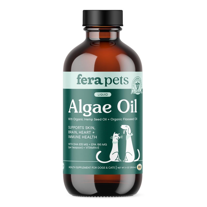 Fera Pets Algae Oil - Cats & Dogs Omega 3 Oil - Vegan - Immune, Heart, Brain, Skin and Coat Support - Includes Vitamin E, Organic Hemp Seed & Flaxseed Oil - 100% Plant Based Omega-3s - 8 oz - Image 1