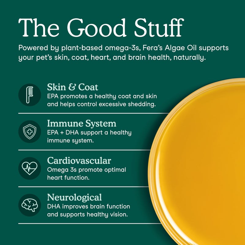 Fera Pets Algae Oil - Cats & Dogs Omega 3 Oil - Vegan - Immune, Heart, Brain, Skin and Coat Support - Includes Vitamin E, Organic Hemp Seed & Flaxseed Oil - 100% Plant Based Omega-3s - 8 oz - Image 3