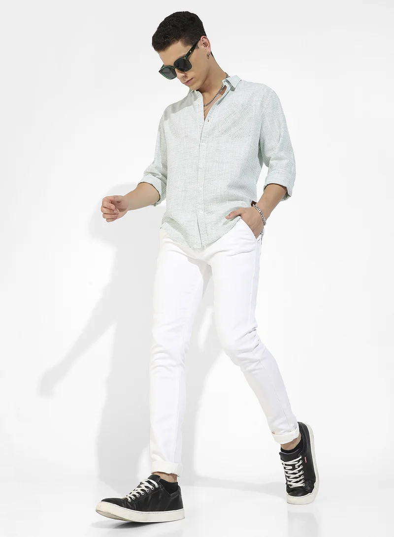 Campus Sutra Men's White & Green Horizontal Chalk Striped Shirt For Casual Wear | Spread Collar | Long Sleeve | Button Closure | Cotton Viscose Shirts Crafted With Comfort Fit For Everyday Wear