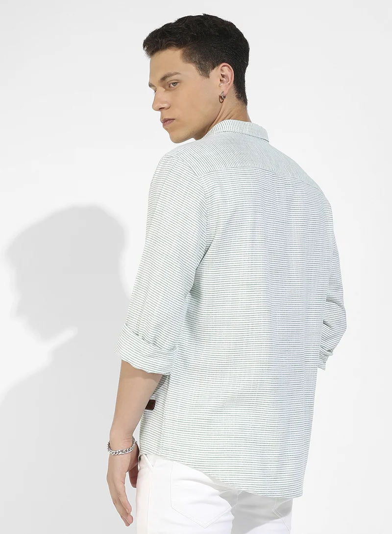 Campus Sutra Men's White & Green Horizontal Chalk Striped Shirt For Casual Wear | Spread Collar | Long Sleeve | Button Closure | Cotton Viscose Shirts Crafted With Comfort Fit For Everyday Wear