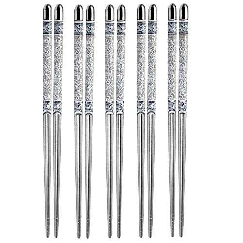 Zeinwap Metal Chopsticks Reusable Chop Sticks 5 Pairs with Non-Slip Stainless Steel Chopsticks Japanese Korean Chopstick Dishwasher Safe Exquisite Pattern (5 Pair Set) - Image 1