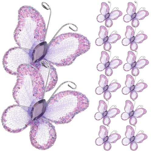 Leorx Sheer Mesh Wire Glitter Butterfly with Gem for Wedding Decorating (Purple) - 50pcs - Image 1