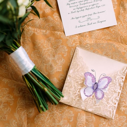 Leorx Sheer Mesh Wire Glitter Butterfly with Gem for Wedding Decorating (Purple) - 50pcs - Image 2