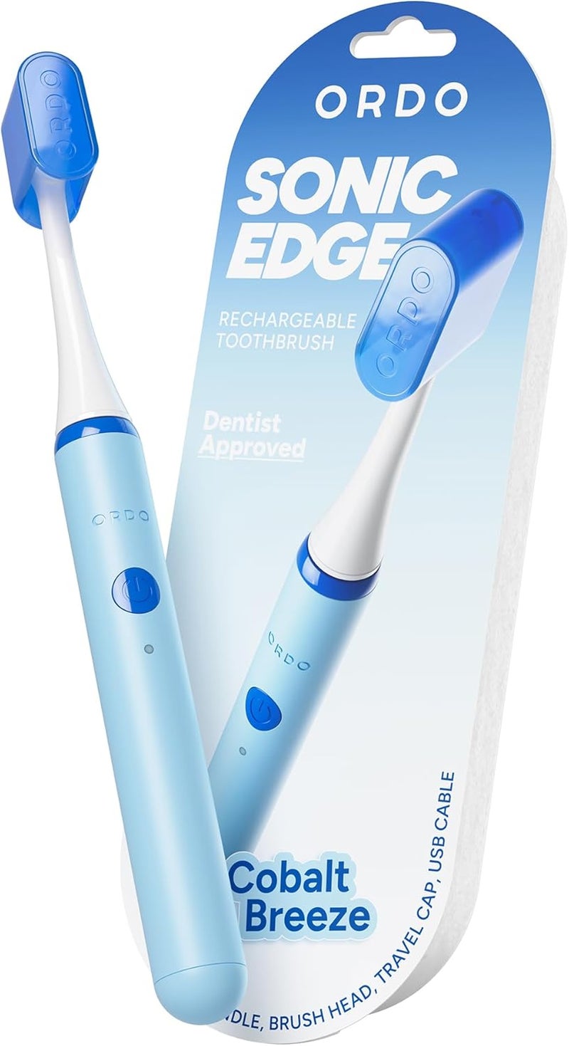 أوردو فرشاة أسنان كهربائية صوتية قابلة للشحن Sonic Edge للبالغين، فرشاة أسنان صوتية مدمجة مع USB-C، بطارية تدوم لأكثر من 6 أسابيع، غطاء سفر، رأس فرشاة واحد وكابل (نسيم الكوبالت) - Image 1