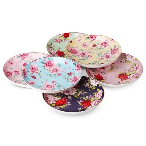 Brew To A Tea BTaT- Porcelain Floral Dessert Plates, 8 inch, Set of 6, Deep Plates, Porcelain Bone China, Appetizer Plates, Small Dishes, Christmas Gifts - Image 1