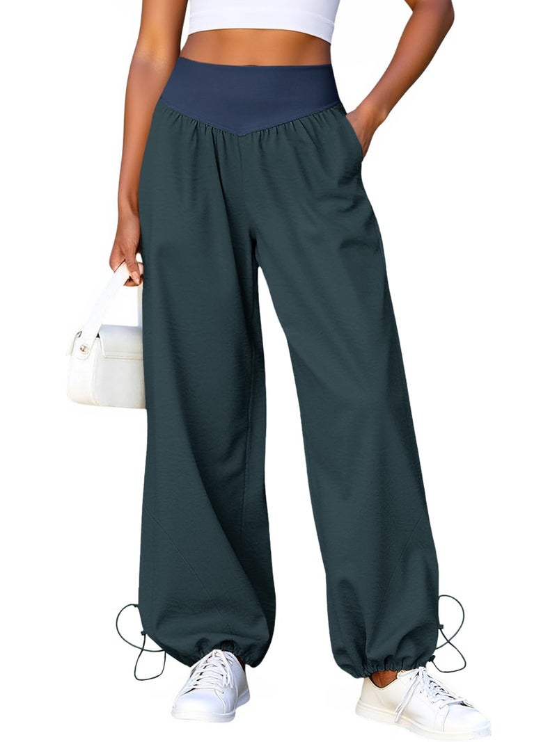 Fisoew Womens Wide Leg Pants Casual High Waist Baggy Track Pants Loose Fit Drawstring Cuffs Lounge Pant with Pockets Navy - Image 1