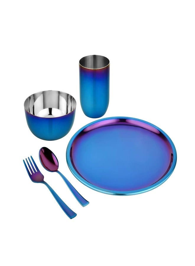 Ahimsa Stainless Steel Kids Dishes, Pediatrician Designed Complete 5 Piece Kids Plates and Bowls Set, Non Toxic & Unbreakable Stainless Steel Plate, Cup and Kid Utensils, Iridescent Blue - Image 1