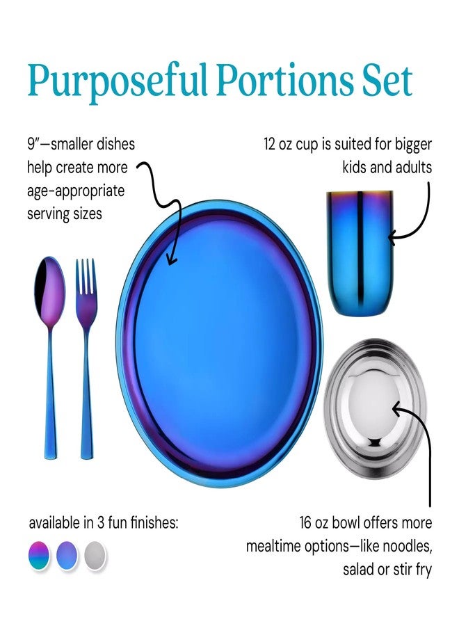 Ahimsa Stainless Steel Kids Dishes, Pediatrician Designed Complete 5 Piece Kids Plates and Bowls Set, Non Toxic & Unbreakable Stainless Steel Plate, Cup and Kid Utensils, Iridescent Blue - Image 2