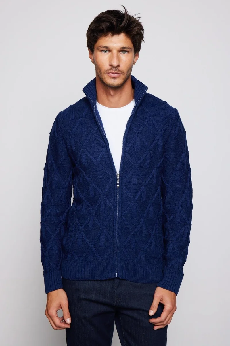 Tudors Men's Slim Fit Patterned Stand Collar Zippered Sax Blue Cardigan