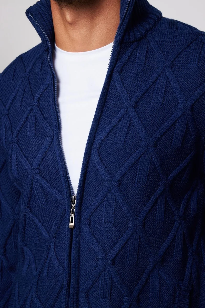 Tudors Men's Slim Fit Patterned Stand Collar Zippered Sax Blue Cardigan