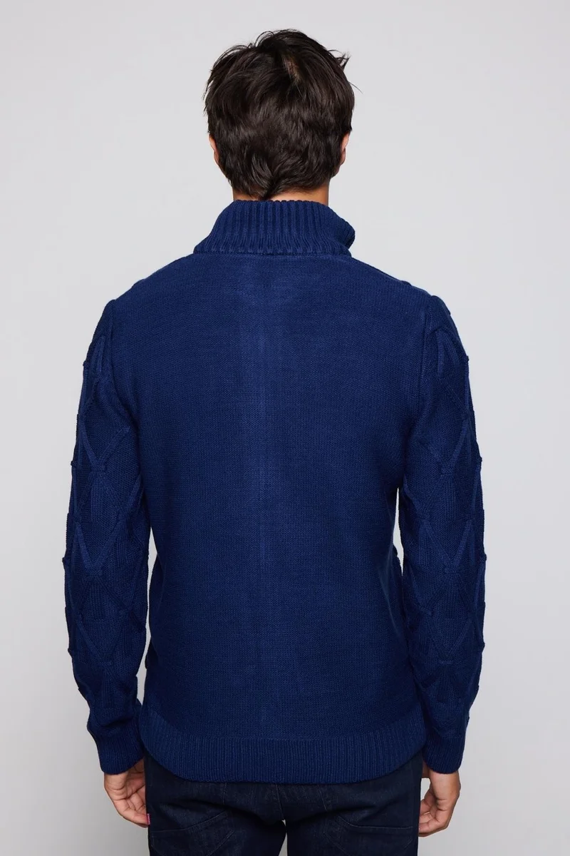 Tudors Men's Slim Fit Patterned Stand Collar Zippered Sax Blue Cardigan