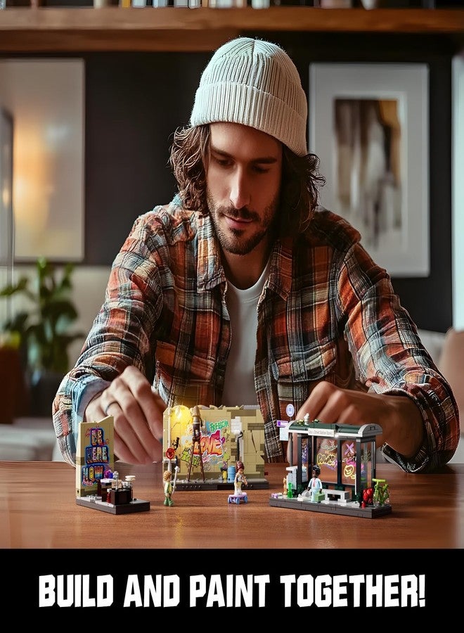 FUNWHOLE Graffiti Bus Stop Clamping Blocks Lighting Decoration, Modular Building Street Fusion City Town Bus Station, 516 Pieces, Suitable for Adults and Street Style Lovers, F9066, Bus Stop - Image 2