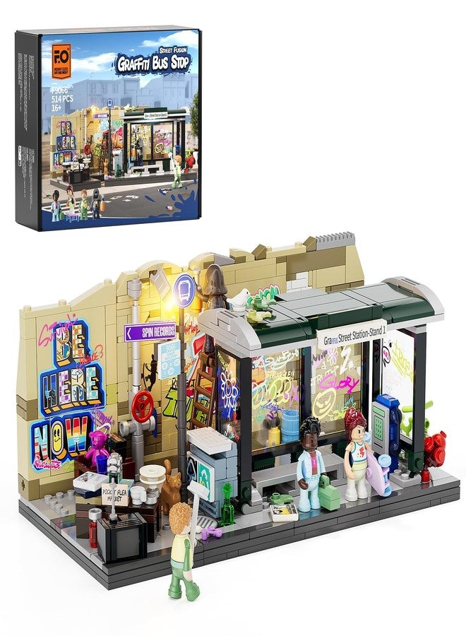 FUNWHOLE Graffiti Bus Stop Clamping Blocks Lighting Decoration, Modular Building Street Fusion City Town Bus Station, 516 Pieces, Suitable for Adults and Street Style Lovers, F9066, Bus Stop - Image 1