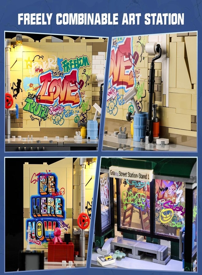 FUNWHOLE Graffiti Bus Stop Clamping Blocks Lighting Decoration, Modular Building Street Fusion City Town Bus Station, 516 Pieces, Suitable for Adults and Street Style Lovers, F9066, Bus Stop - Image 4