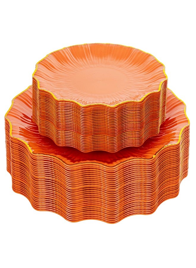 Rubtlamp 60Pcs Orange Plastic Plates - Orange Scalloped Plates with Gold Trim - 30 Dinner & 30 Dessert Platos, Heavy-duty Gold Plates for Party (30 Guests) - Image 1