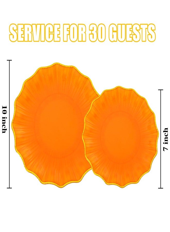 Rubtlamp 60Pcs Orange Plastic Plates - Orange Scalloped Plates with Gold Trim - 30 Dinner & 30 Dessert Platos, Heavy-duty Gold Plates for Party (30 Guests) - Image 2