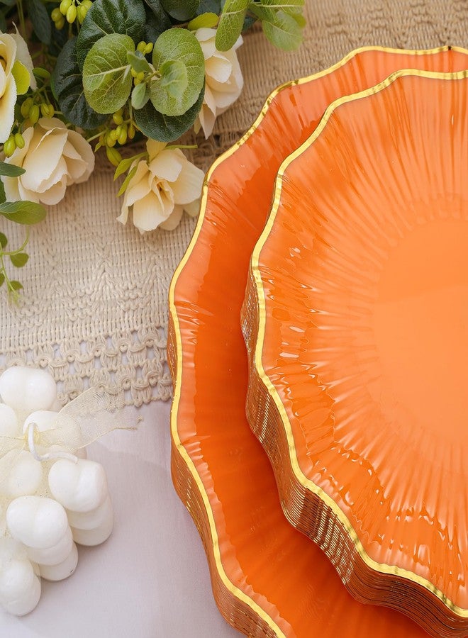Rubtlamp 60Pcs Orange Plastic Plates - Orange Scalloped Plates with Gold Trim - 30 Dinner & 30 Dessert Platos, Heavy-duty Gold Plates for Party (30 Guests) - Image 3