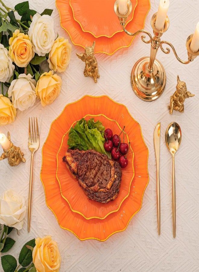 Rubtlamp 60Pcs Orange Plastic Plates - Orange Scalloped Plates with Gold Trim - 30 Dinner & 30 Dessert Platos, Heavy-duty Gold Plates for Party (30 Guests) - Image 4