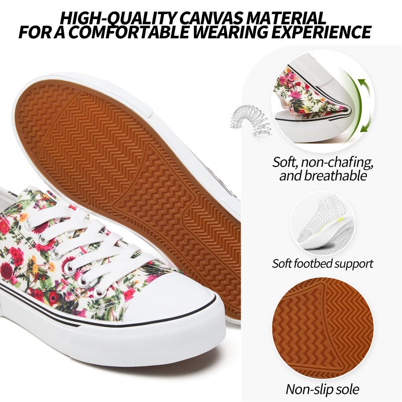 Adokoo Canvas Tennis Shoes for Women Low Top Casual White Flower Sneakers for Women Lace Up Fashion Comfortable Walking Shoes (Flower,11) - Image 4