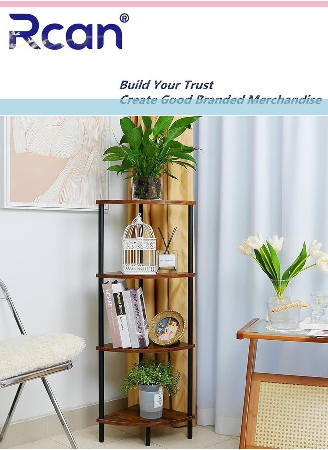 Rcan 4 Tier Corner Shelf Stand Industrial Corner Bookshelf With Metal Frame Plant Corner Display Shelf Corner Bookcase for Small Bedroom Living Room Rustic Brown  - Image 1