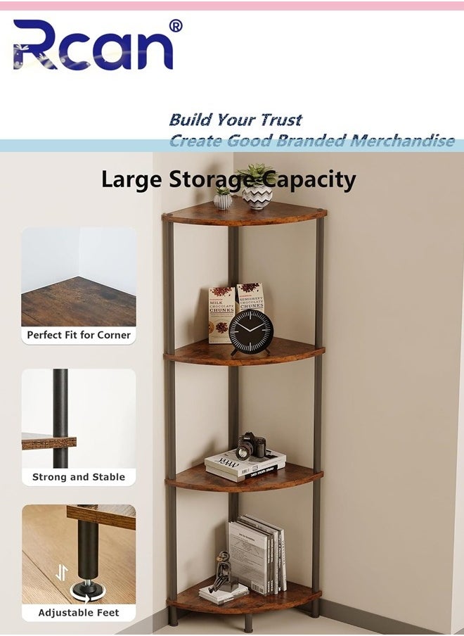 Rcan 4 Tier Corner Shelf Stand Industrial Corner Bookshelf With Metal Frame Plant Corner Display Shelf Corner Bookcase for Small Bedroom Living Room Rustic Brown  - Image 3