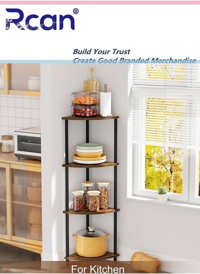 Rcan 4 Tier Corner Shelf Stand Industrial Corner Bookshelf With Metal Frame Plant Corner Display Shelf Corner Bookcase for Small Bedroom Living Room Rustic Brown  - Image 4
