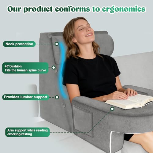 laapee Reading Pillow Set for Adults 3-Piece - Ergonomic Back/Neck Support with Arms & Pockets - 26D High-Density Foam for Bed/Couch Reading Gaming Watching TV (Light Gray) - Image 3