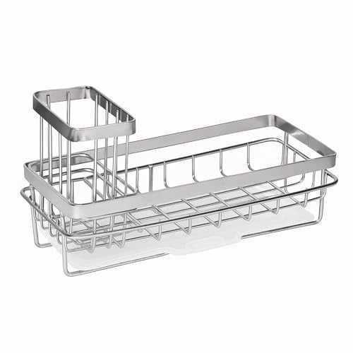 Xacton Sink Caddy Organizer with Brush & Sponge Holder Cup, Drain Tray I Stainless Steel Soap Dispenser I Countertop or Adhesive Wall Mounting Holder for Kitchen Sinks Dishes Knives Spoons (Silver) - Image 2