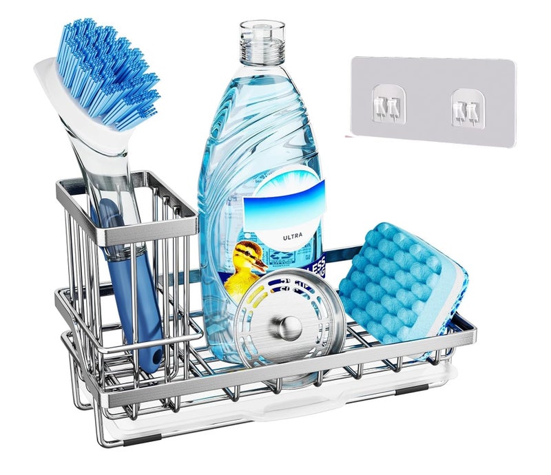 Xacton Sink Caddy Organizer with Brush & Sponge Holder Cup, Drain Tray I Stainless Steel Soap Dispenser I Countertop or Adhesive Wall Mounting Holder for Kitchen Sinks Dishes Knives Spoons (Silver) - Image 1