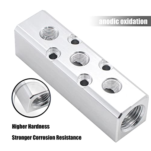 MARSTEK Air Manifold, 3 Way 5 Port Air Compressor Manifold, Aluminum Air Hose Inline Manifold Block Splitter, Pneumatic Manifold Air Distribution Block, NPT 1/2 Inch Supply Port, NPT 1/4 Inch Output Port - Image 5