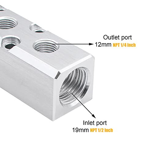 MARSTEK Air Manifold, 3 Way 5 Port Air Compressor Manifold, Aluminum Air Hose Inline Manifold Block Splitter, Pneumatic Manifold Air Distribution Block, NPT 1/2 Inch Supply Port, NPT 1/4 Inch Output Port - Image 4