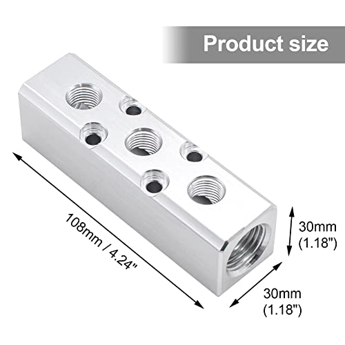 MARSTEK Air Manifold, 3 Way 5 Port Air Compressor Manifold, Aluminum Air Hose Inline Manifold Block Splitter, Pneumatic Manifold Air Distribution Block, NPT 1/2 Inch Supply Port, NPT 1/4 Inch Output Port - Image 2