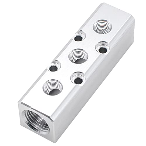 MARSTEK Air Manifold, 3 Way 5 Port Air Compressor Manifold, Aluminum Air Hose Inline Manifold Block Splitter, Pneumatic Manifold Air Distribution Block, NPT 1/2 Inch Supply Port, NPT 1/4 Inch Output Port - Image 1