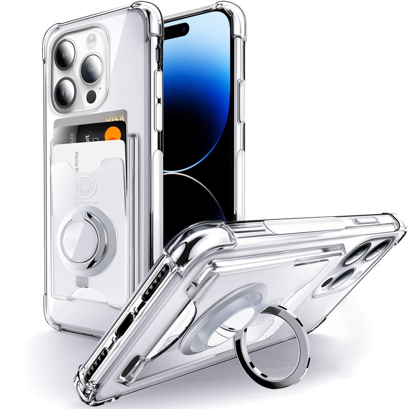 Shields Up Designed for iPhone 14 Pro Max Case, Minimalist Wallet Case with Card Holder (3 Cards) & Ring Kickstand/Stand, [Drop Protection] Slim Protective Cover for iPhone 14 Pro Max 6.7 inch, Clear - Image 1