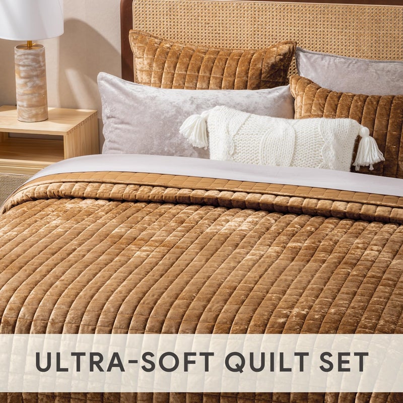 RECYCO Luxury Velvet Quilt Set, California King 118'' x 106'' Oversized Bedspread, Ultra Soft Velvet Comforter, Lightweight Box Stitch Bedding Sets for All Season, with 2 Shams, Caramel Gold - Image 4