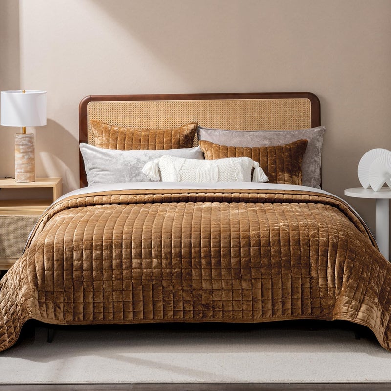 RECYCO Luxury Velvet Quilt Set, California King 118'' x 106'' Oversized Bedspread, Ultra Soft Velvet Comforter, Lightweight Box Stitch Bedding Sets for All Season, with 2 Shams, Caramel Gold - Image 1