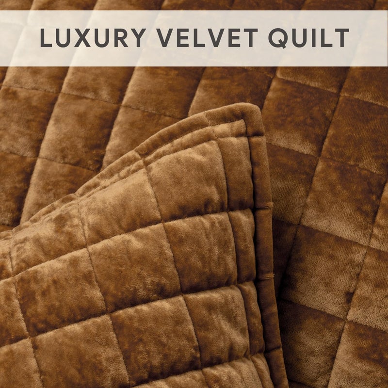 RECYCO Luxury Velvet Quilt Set, California King 118'' x 106'' Oversized Bedspread, Ultra Soft Velvet Comforter, Lightweight Box Stitch Bedding Sets for All Season, with 2 Shams, Caramel Gold - Image 5