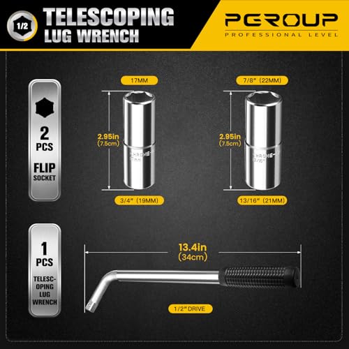 pgroup Telescoping Lug Wrench, Extended Lug Wheel Wrench with 17mm/19mm(3/4”), 21mm(13/16”)/22mm(7/8”) Chrome Vanadium Steel Sockets for Car, Truck, Vans - Image 2