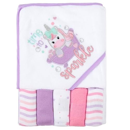 Baby Essentials Baby Hooded Bath Towel and Washcloth Set for Infant Girls 612 Months Little Sprinkle Magical Unicorn - Image 1