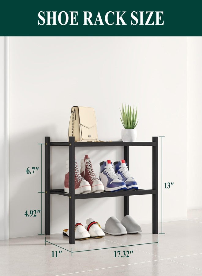 Smiry Shoe Rack, 2 Tier Small Bamboo Shoe Organizer, Stackable Free Standing Wooden Shoe Storage Shelf for Closet, Entryway, Front Door Entrance, Black - Image 2