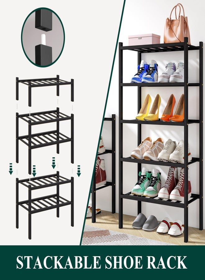 Smiry Shoe Rack, 2 Tier Small Bamboo Shoe Organizer, Stackable Free Standing Wooden Shoe Storage Shelf for Closet, Entryway, Front Door Entrance, Black - Image 4