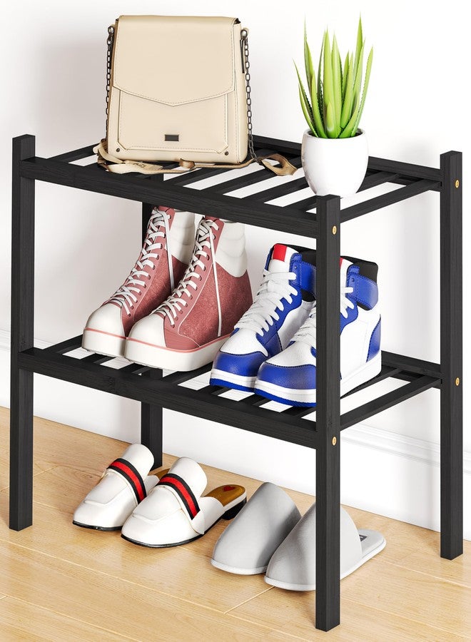 Smiry Shoe Rack, 2 Tier Small Bamboo Shoe Organizer, Stackable Free Standing Wooden Shoe Storage Shelf for Closet, Entryway, Front Door Entrance, Black - Image 1