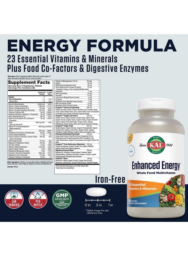 KAL® Enhanced Energy Multivitamin | Whole Food Based Vitamins & Minerals w/ Antioxidants, Digestive Enzymes & Natural Carotenoids | 180 Capsules - Image 2
