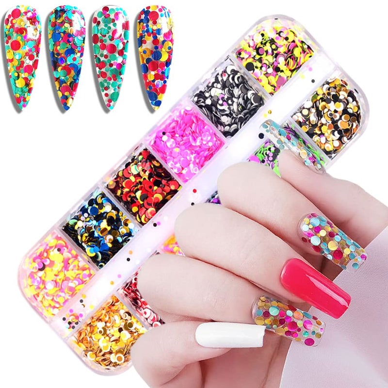 Round Glitter Nail Art Sequins 3D Circle Shapes Glitter Flakes Designs Holographic Laser Shiny Round Acrylic Nails Supplies for Women Girls Manicure Sparkly Decorations DIY Glitter Nails Crafts