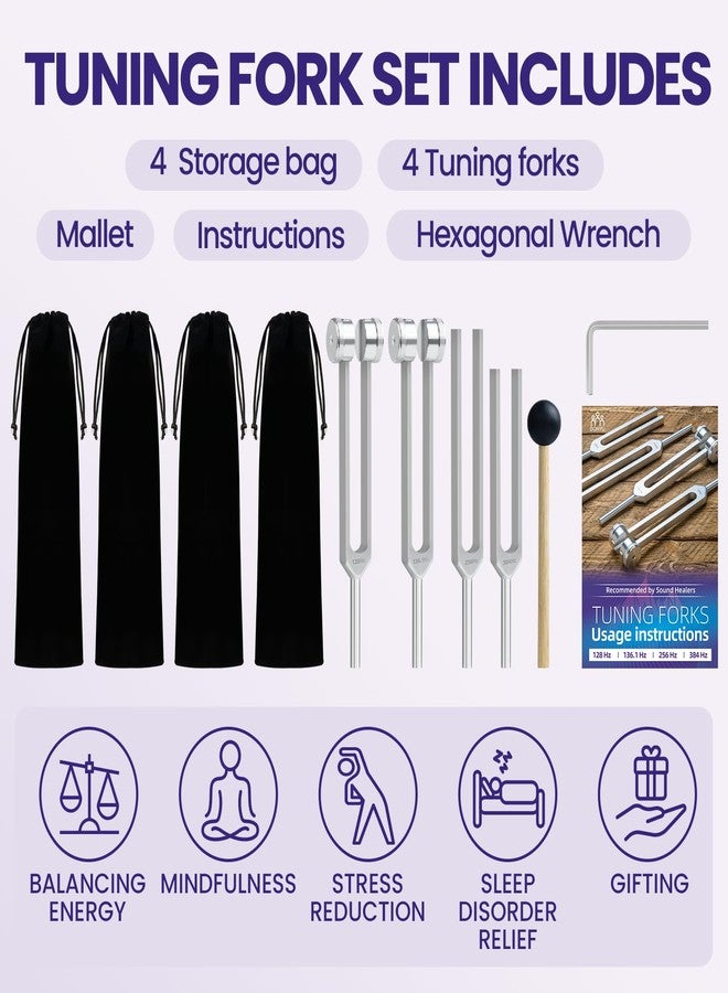 DONYU Tuning Fork Set (128 Hz, 136.1 Hz, 256 Hz, 384 Hz): Weighted & Unweighted Tuning Forks Frequency Devices of 4 Pack with Reflex Hammer for Chakra & Sound Meditation - Image 2