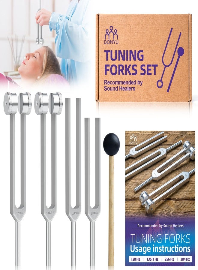 DONYU Tuning Fork Set (128 Hz, 136.1 Hz, 256 Hz, 384 Hz): Weighted & Unweighted Tuning Forks Frequency Devices of 4 Pack with Reflex Hammer for Chakra & Sound Meditation - Image 1