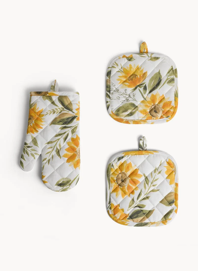 كوينكاسا Coincasa-Set Of 3 - 2 Pot Holders And 1 Kitchen Glove Cotton Panama Sunflower Print-Yellow