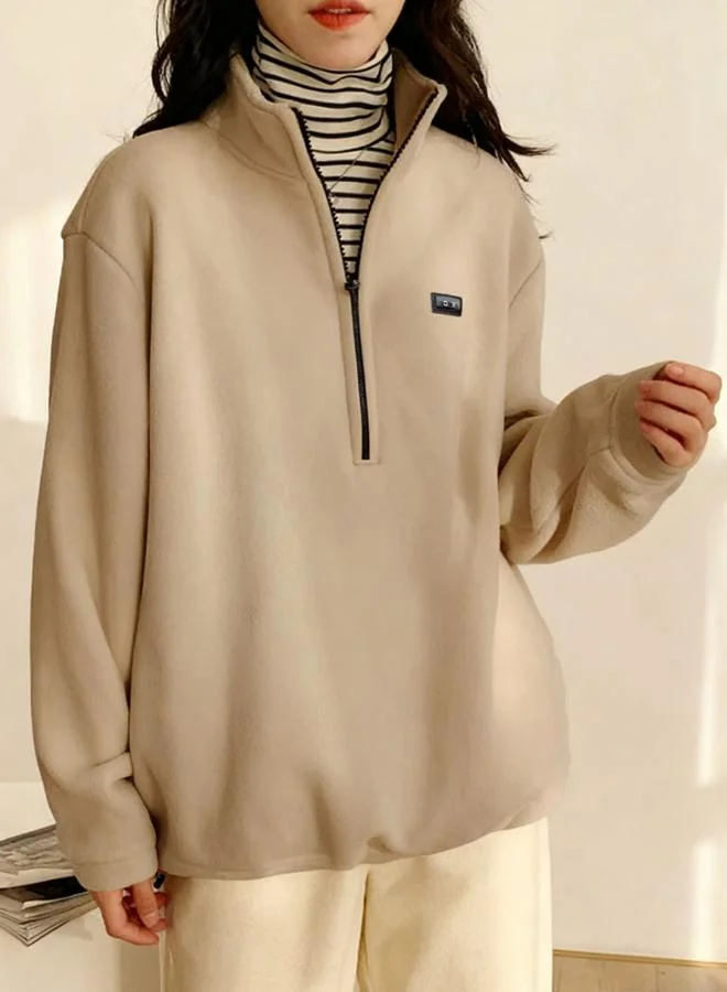 Take Two Beige Zipper Front Detail Oversized Sweatshirt