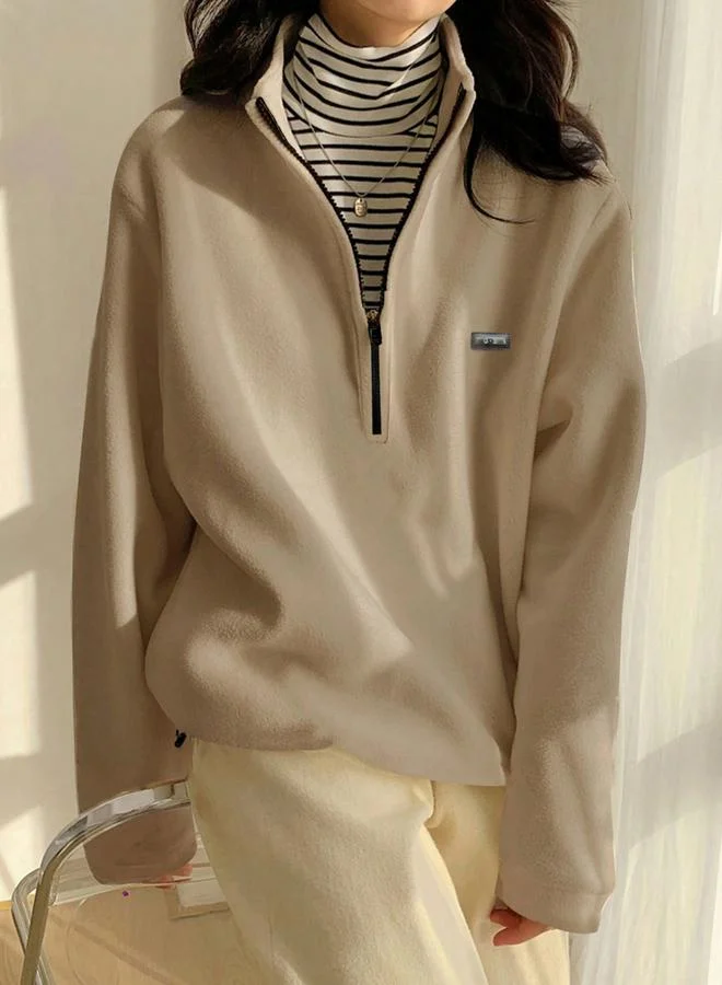 Take Two Beige Zipper Front Detail Oversized Sweatshirt